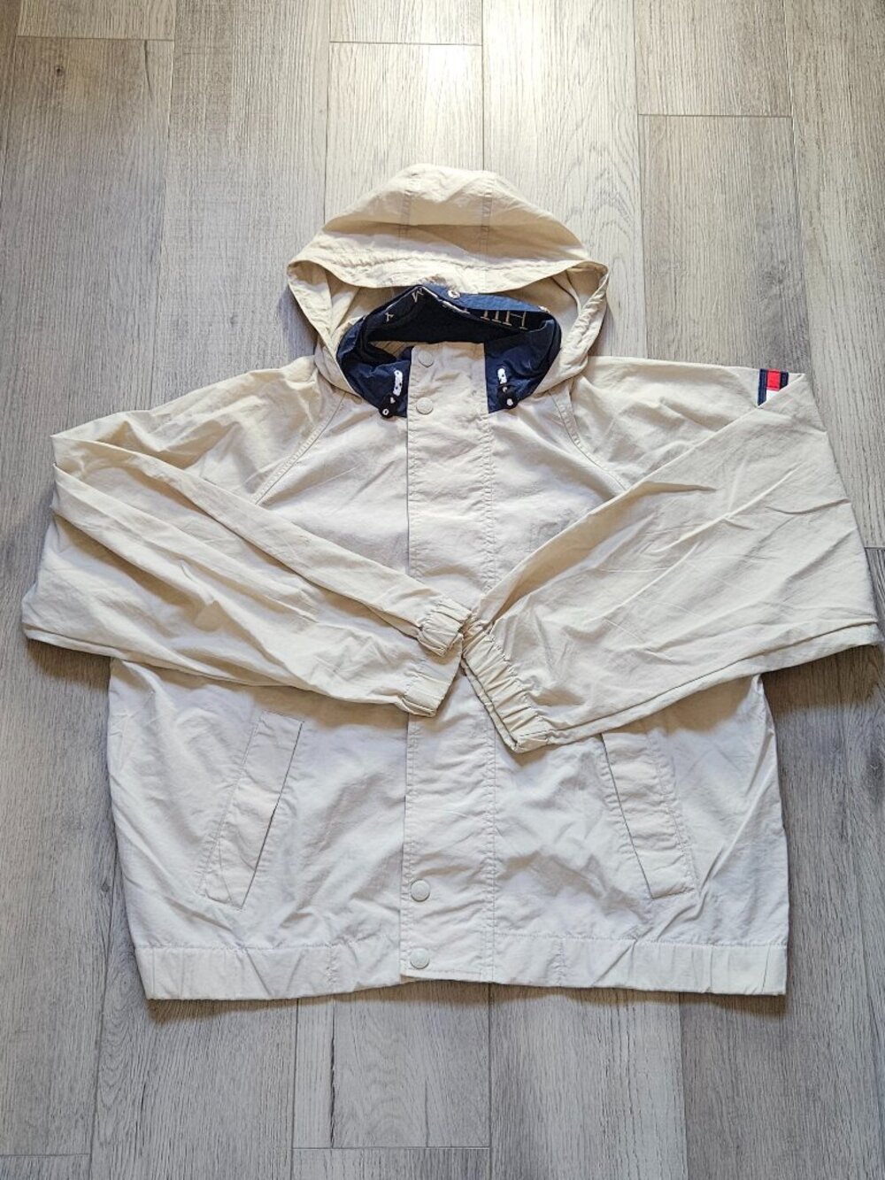 Tommy Hilfiger Vintage 90s Sailing Gear Hoodie Cream Navy Windbreaker Jacket L